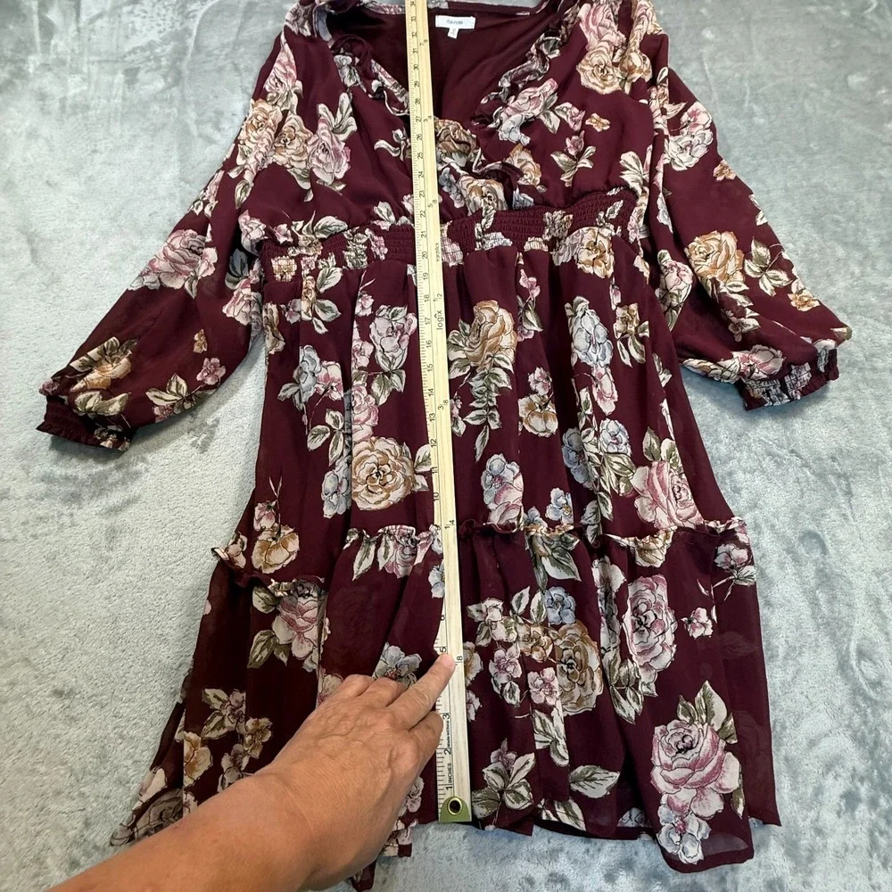 Maurices XXL Burgundy Floral Ruffle Faux Wrap Dress Long Sleeve Boho Midi - Picture 9 of 16